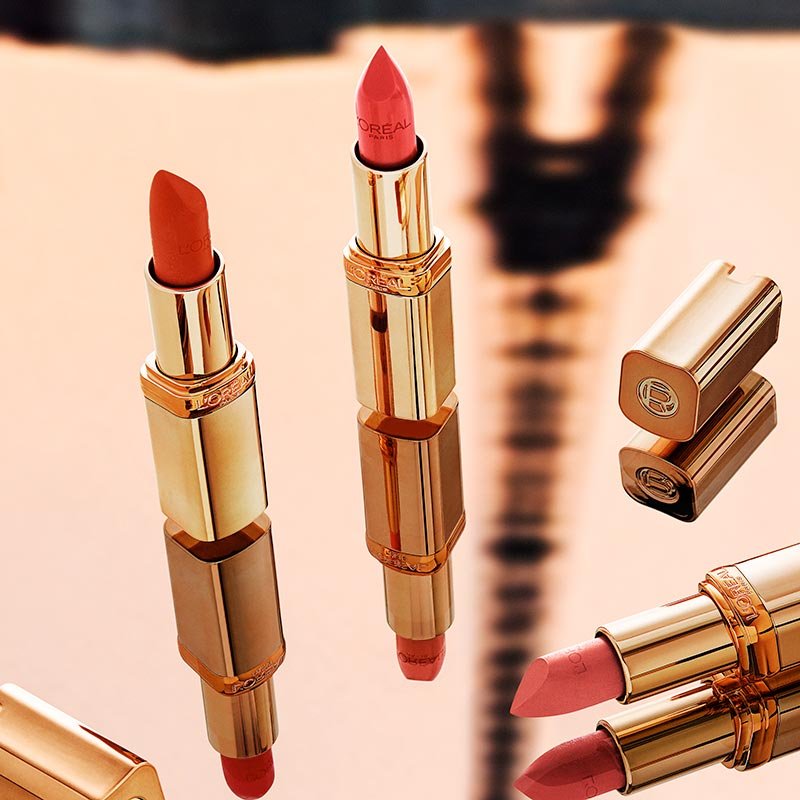 L'Oreal Paris Colour Riche Satin Lipsticks on reflective surface